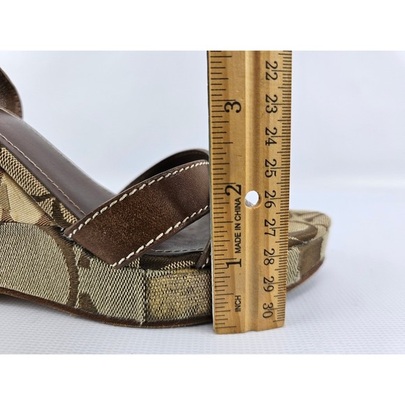 COACH Alina Brown Gold Signature Patchwork Platform Strappy Wedge Sandals 7.5 B - Picture 7 of 8